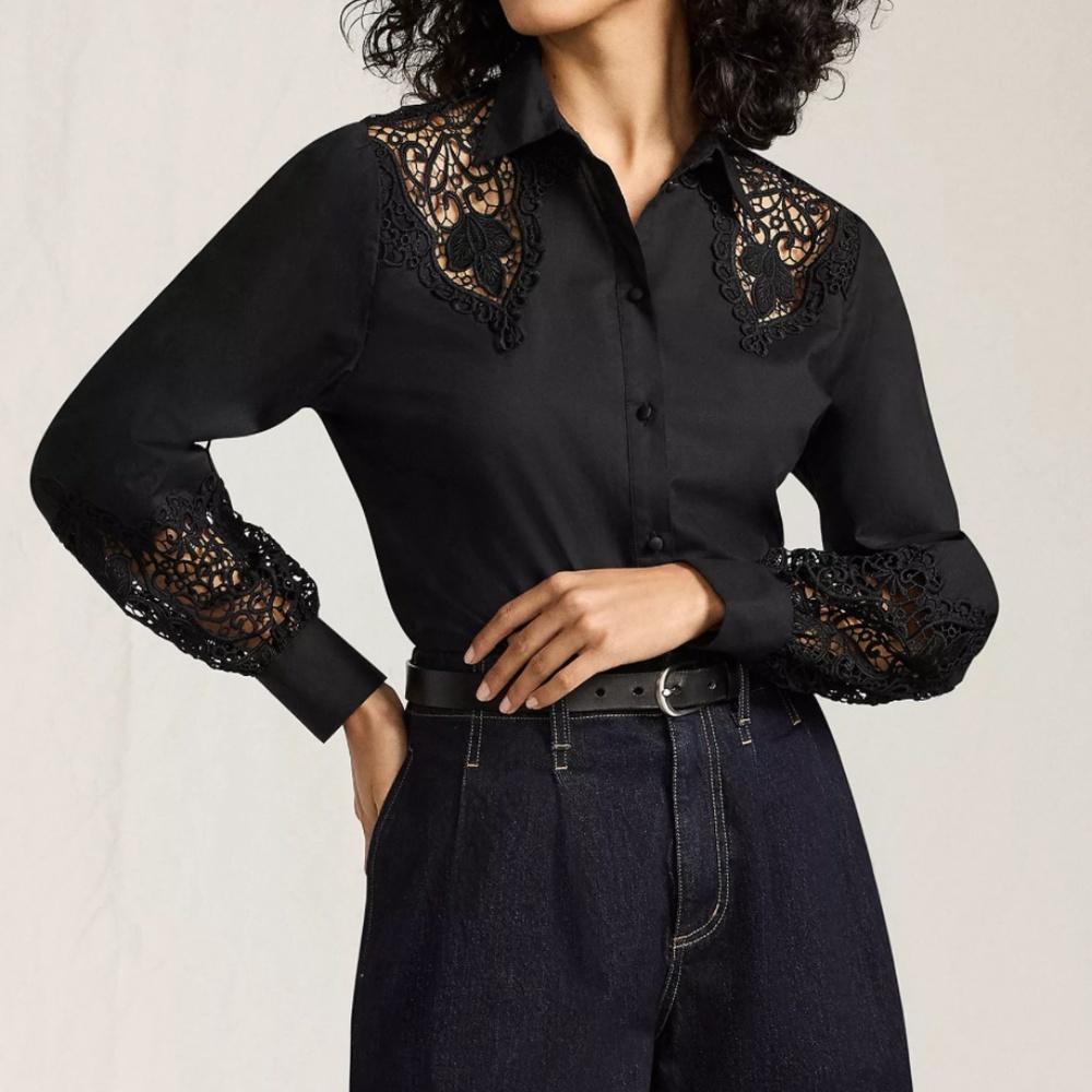Land's End Women's Poplin Lace Inset Long Sleeve Top
